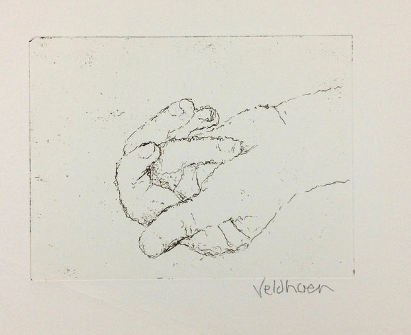 Aat Veldhoen, Hand, Veldhoens rechterhand in spiegelbeeld. Ets, 320 x 240 mm. Gesigneerd in potlood buiten de plaat.