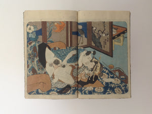 Japanese Shunga book, pillow book. Original late nineteenth century Shunga book with two doublepage illustrations and two single page illustrations. Of which five of explicit erotic nature. Size 150 x 220 Mm. In original Japanese binding. Eight original colored woodblock prints. In the style of Utagawa Kunisada.